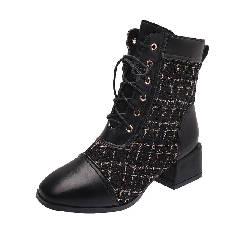 Round Toe Thick Heel Women's Boots With Front Lace Lattice