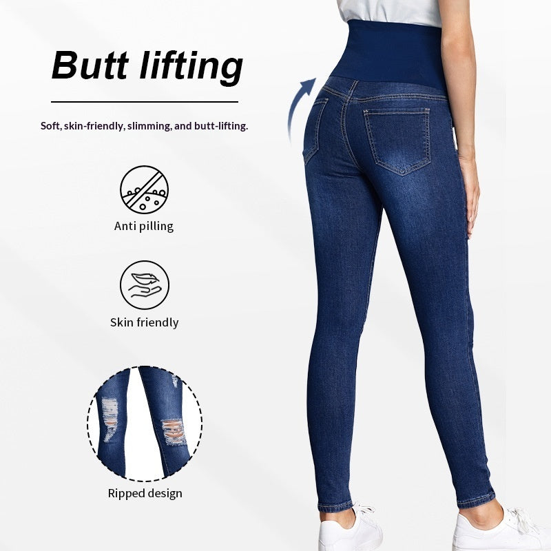 High-waisted Belly-supporting Ripped Maternity Jeans