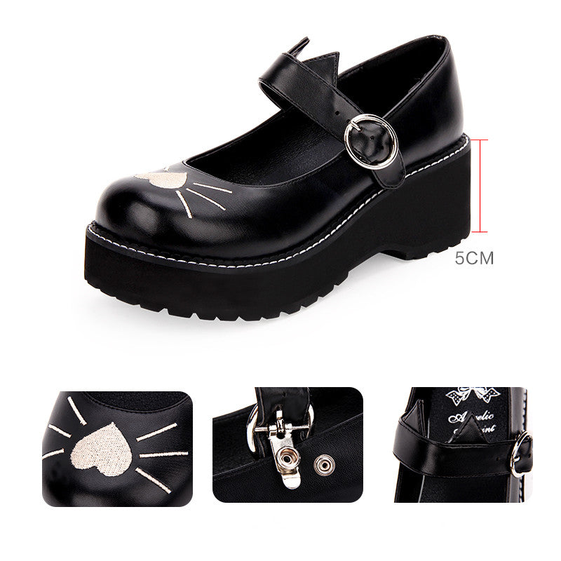 Round Toe Lolita Original Embroidery Cat Love Platform Shoes