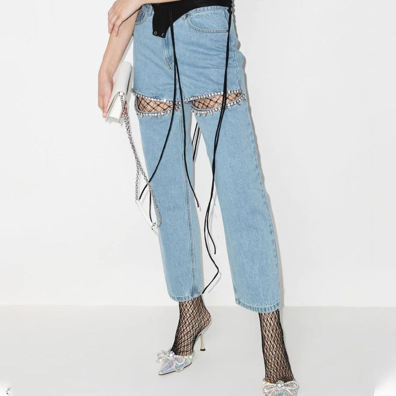 Lange Lige Jeans med Diamantperler og Høj Talje med Huller