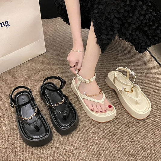 Summer Design Chain Sandals For Women Vintage Pearl Toeless Shoes