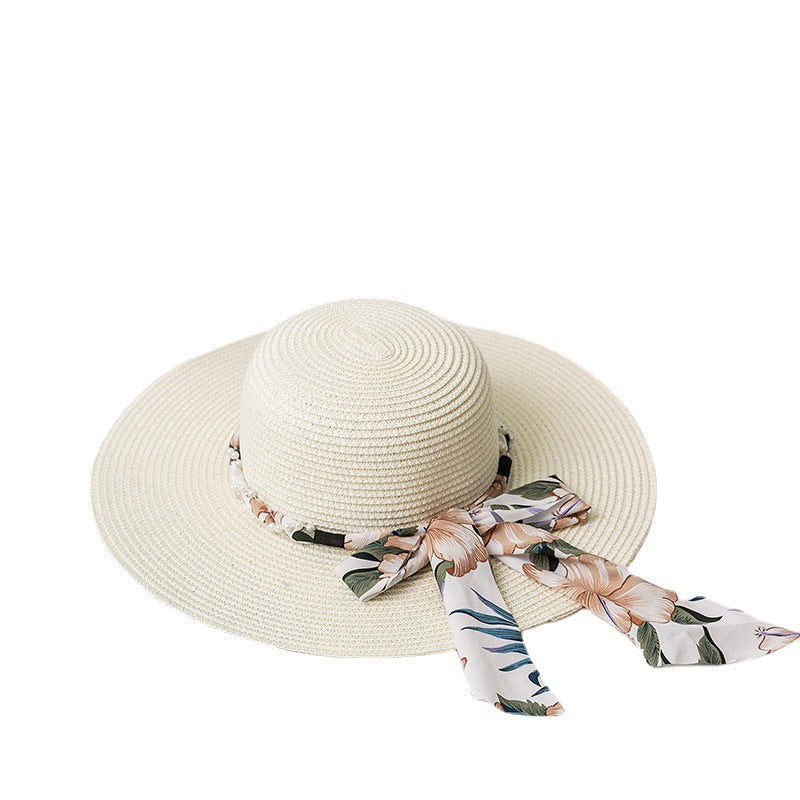 Bow Ribbon Broad-brimmed Hat Silk Scarf Straw Woven Vacation Sun Protection Folding Straw Hat