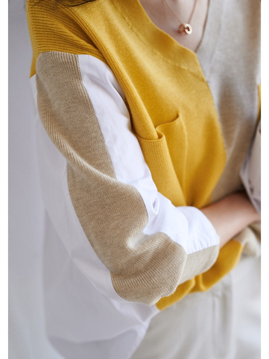 Women's Retro Contrast Color V-neck Knitted Stitching Pocket Shirt