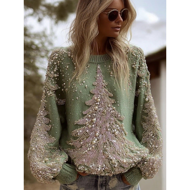 Womens Christmas Top Crew-neck Sweater In Faux Wool