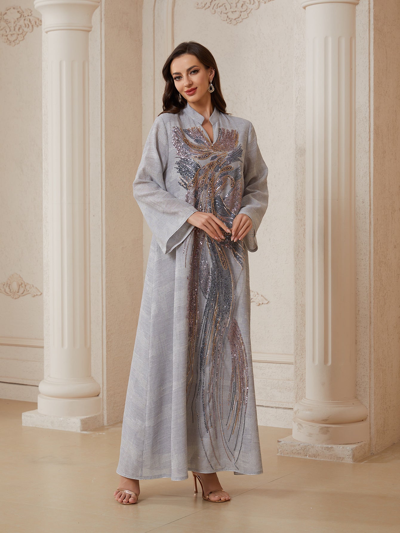 Muslim Womens Dress Made Of Mesh Fabric With Sequins