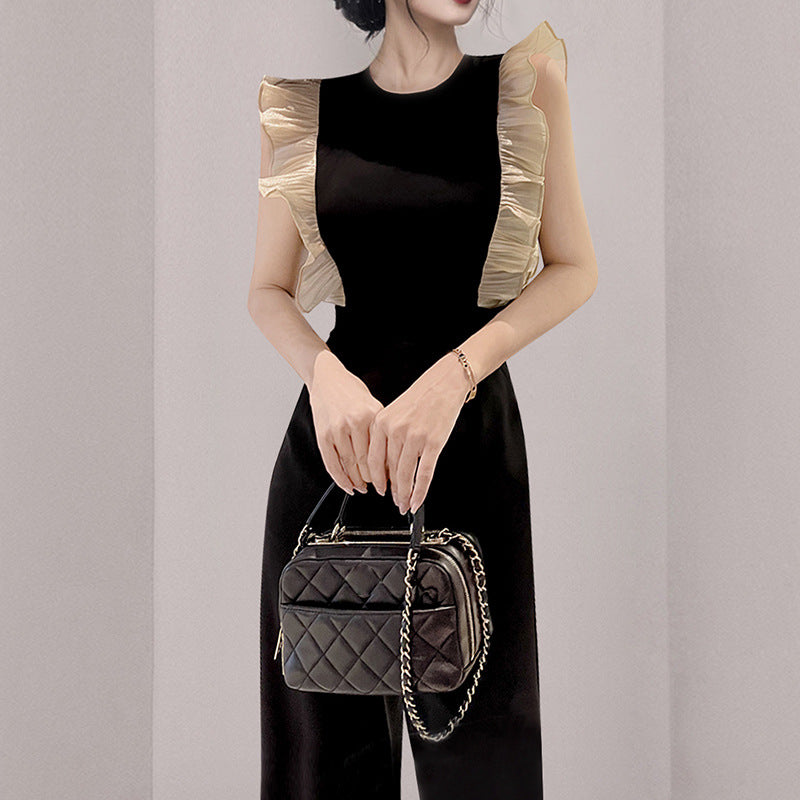 Women's High Waist Slim Wood Ear Stitching Wide Leg Pants