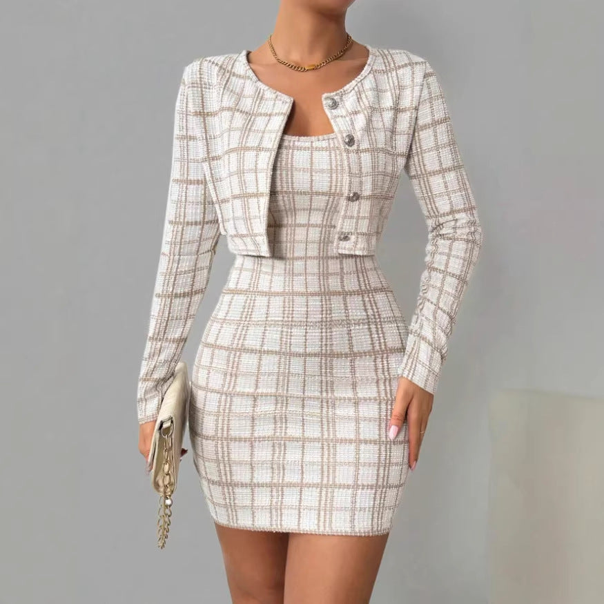 Womens Plaid Long-Sleeve Jacket And Suspender Skirt Set