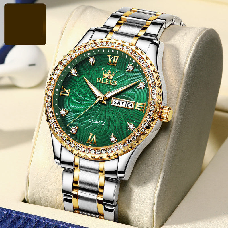 Diamond Set Stainless Steel Business Watch Waterproof Date Day