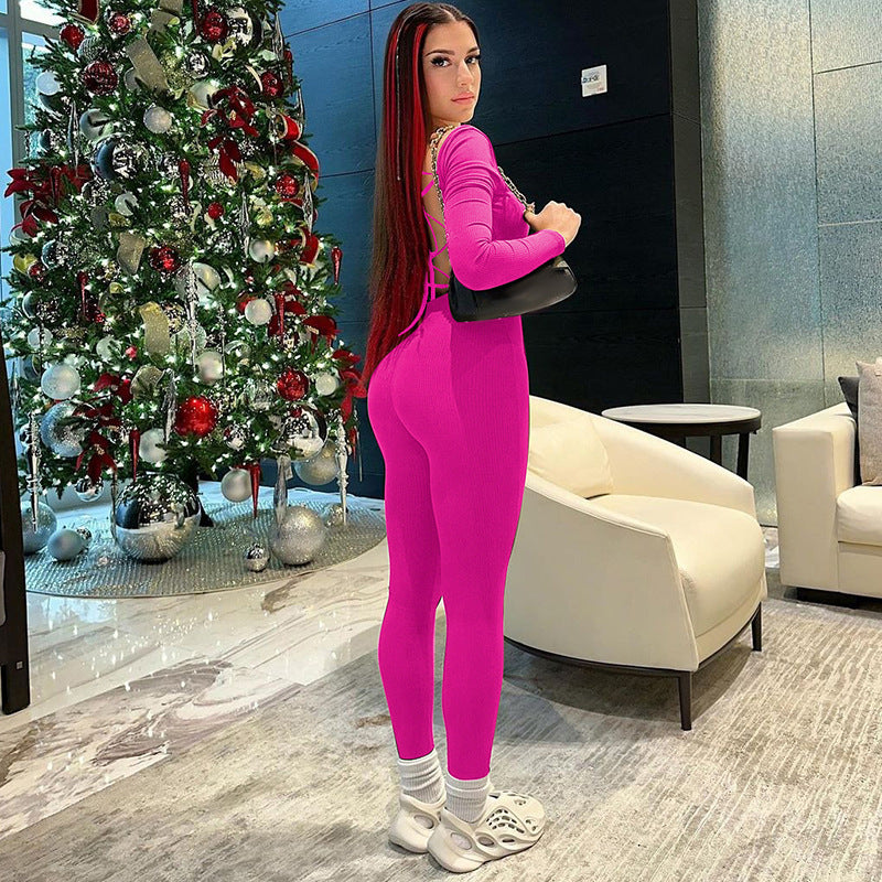 Fashion Backless Lace Up Slim Fit Long Sleeve Jumpsuit