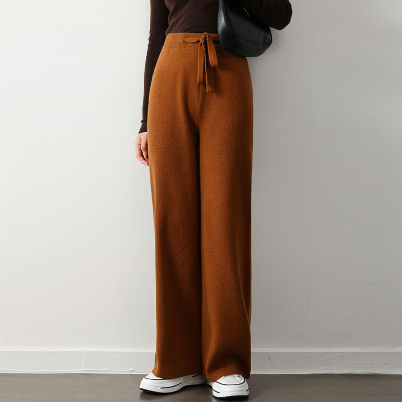 Stretch Elastic Waistband Lace-up Straight Wide-leg Pants