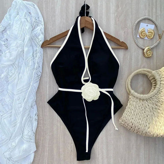 Pure Color Halter Waist Lace Flower Waist Slimming Slim Fit One-piece Sunscreen Women's Swimsuit