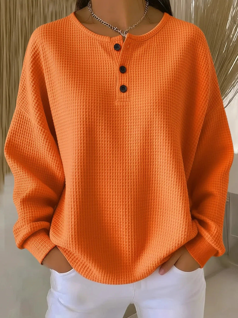 Ins Waffle Langærmet T-shirt Mode Ensfarvet Knapper Rund Hals Pullover Top Damebeklædning