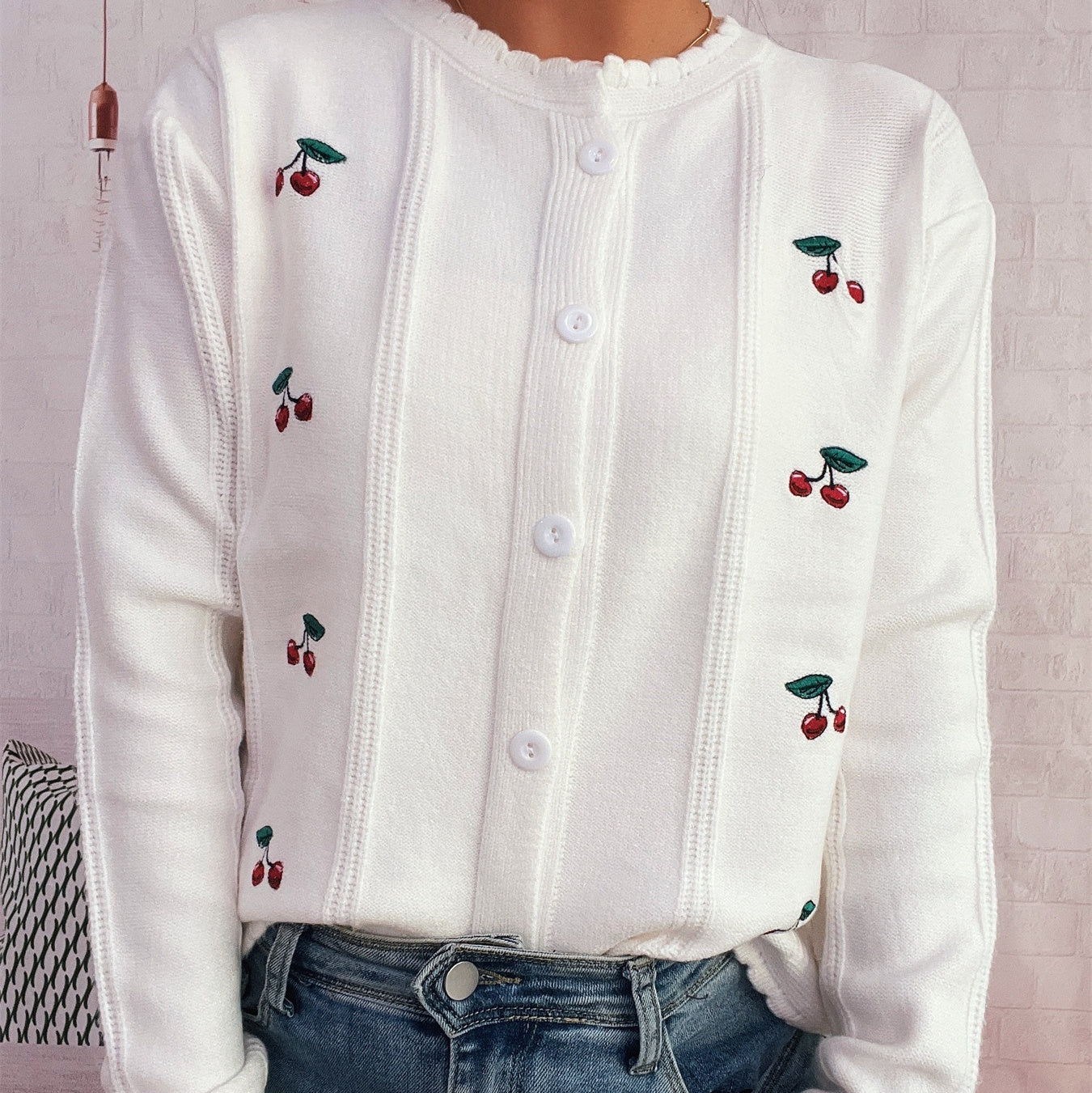 Kirsebærbroderet Sød Stil Bølget Rund Hals Enkeltradet Sweater Cardigan