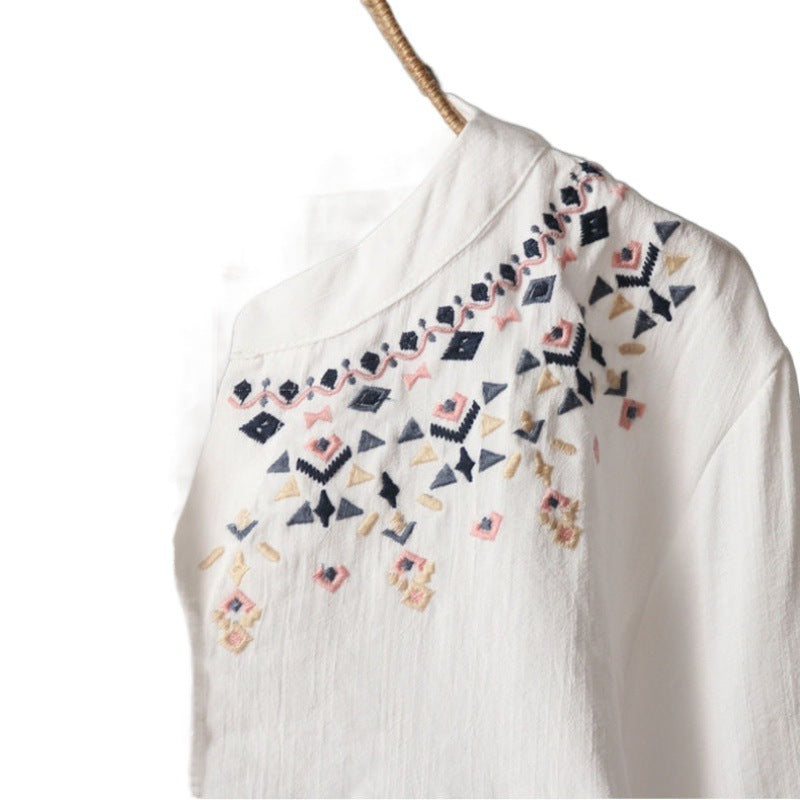 Womens Loose Versatile White Long-Sleeve Embroidered Shirt