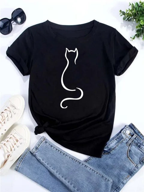 Womens Heart-Shaped Cat Crew-Neck Printed Short-Sleeve Top