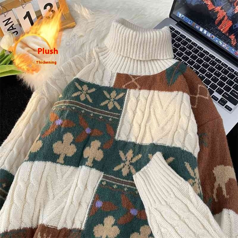 Fleece-lined Thickened Turtleneck Retro Art Design Sweater Warm