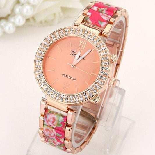 New Double Row Drill  Ceramic Alloy Geneva Watch Print Female Foreign Trade Watch