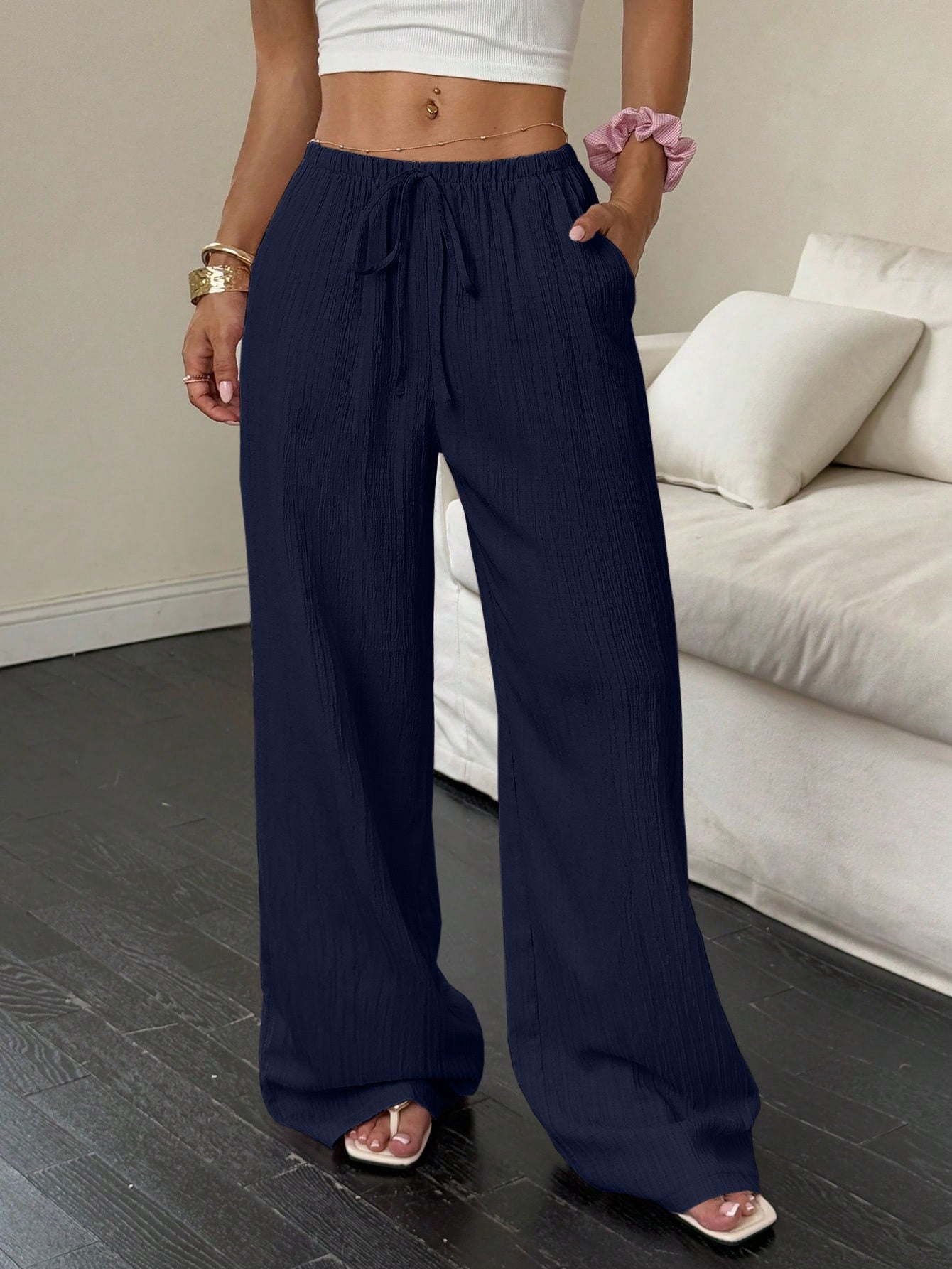 Flirla Women's Casual Versatile Solid Color Wide Leg Pants