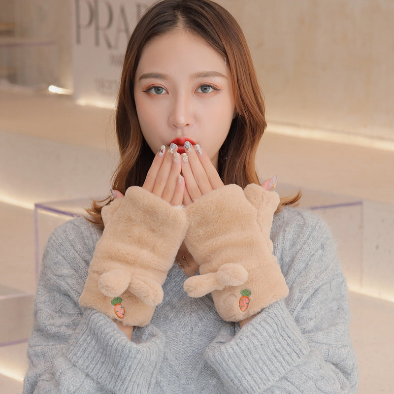 Gloves autumn and winter female cute Japanese fingerless half finger plush