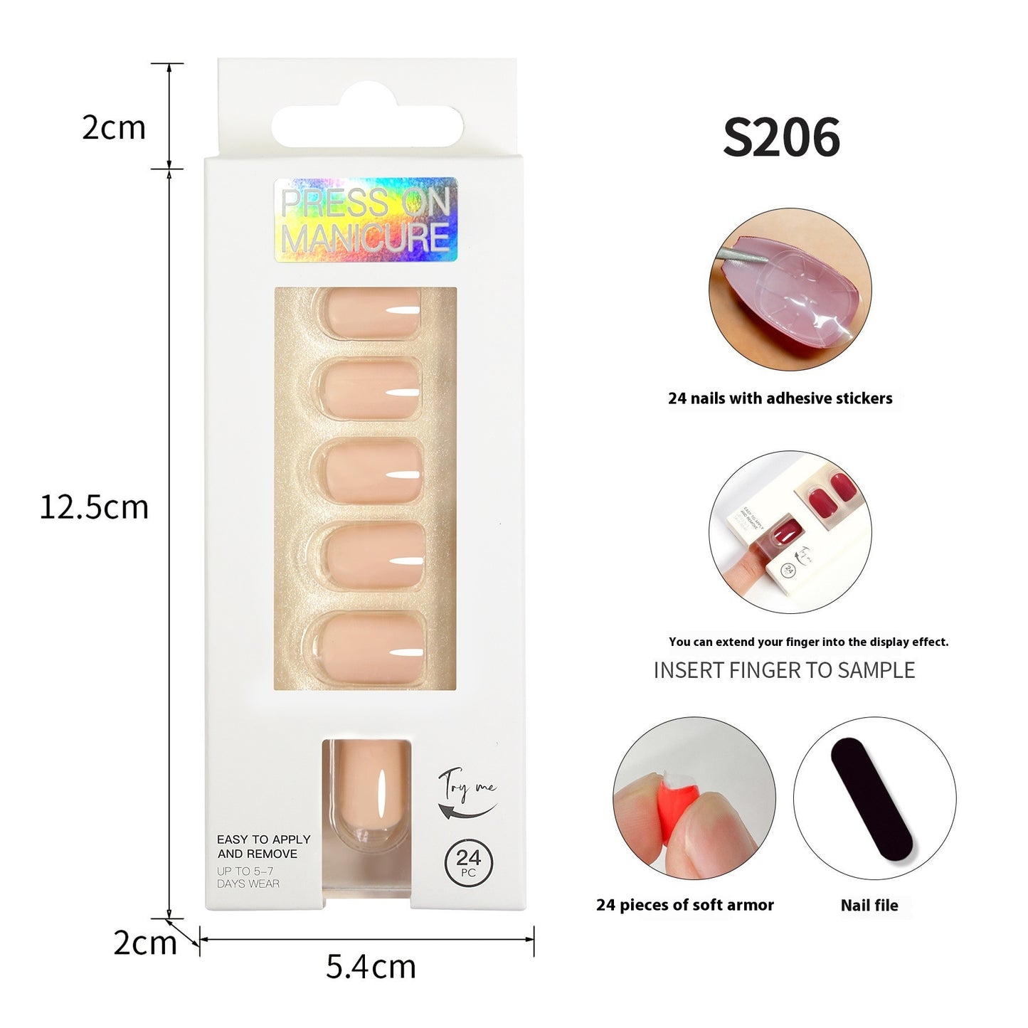 Short Square Head Solid Color Nail Stickers Finished Product 24 Pieces