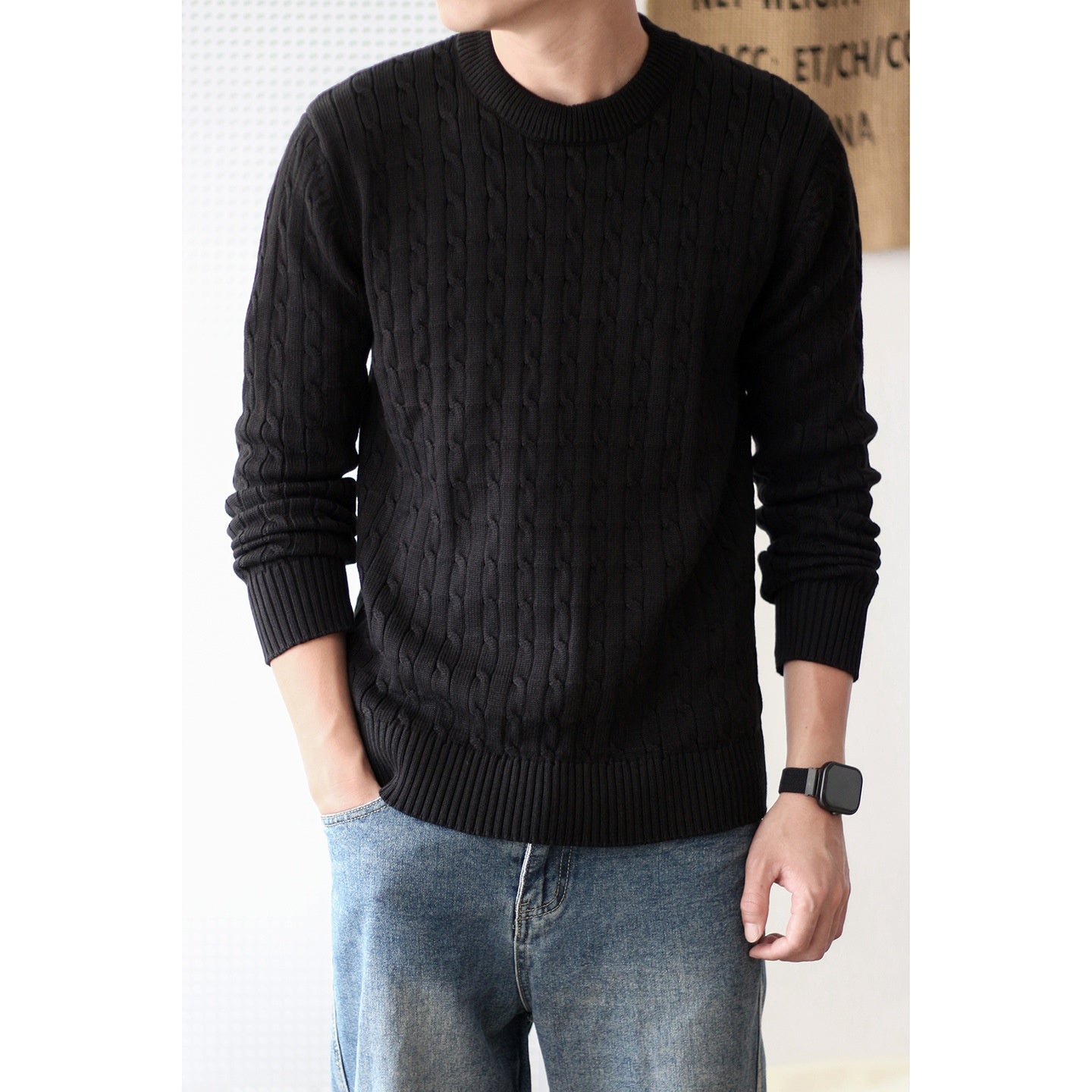 Men's Thick Solid Color Loose Round Neck Twisted Twisted Sweater