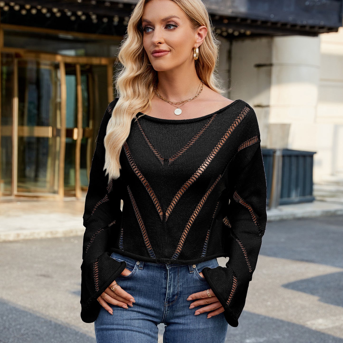 Hollow Loose Round-neck Long-sleeved Pullover