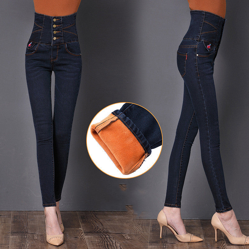 Winter new style velvet thick high-waist jeans