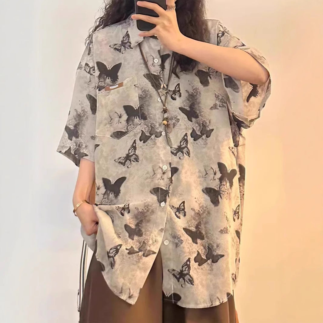 Women's Ink Painting Full Printed Butterfly Short Sleeve Shirt