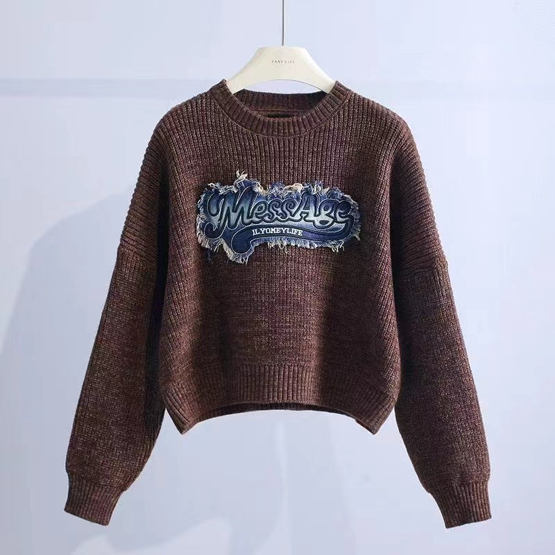 Tassel Denim Pattern Round Neck Sweater Top