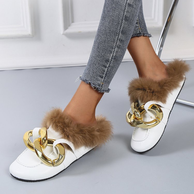 Large Chain Wool Slippers Women's Thick-soled Round Head Baotou Slippers