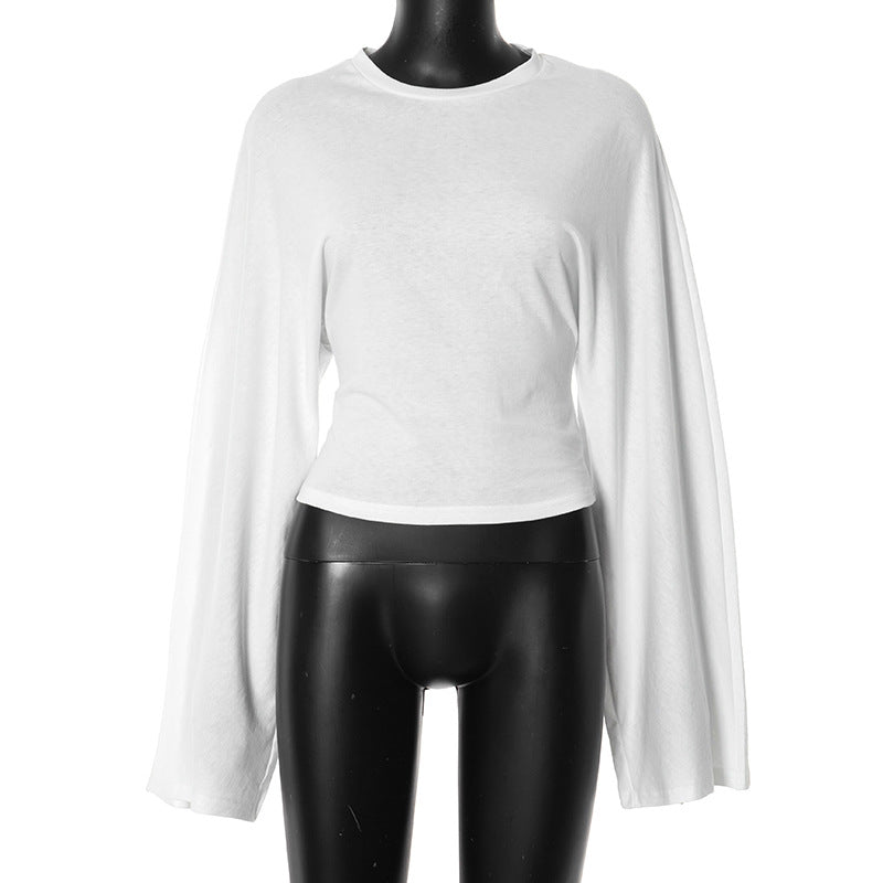 Solid Color Round Neck Shoulder Across Sleeve Waist-tight Sexy Long-sleeved Top