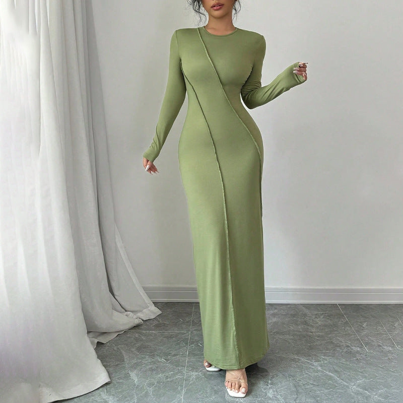 Casual Slim-fit Solid-color Long-sleeve Crew-neck Sheath Dress