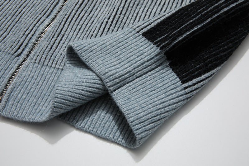 Men's Fashion Casual Retro Contrast Color Striped Zipped Stand Collar Sweater
