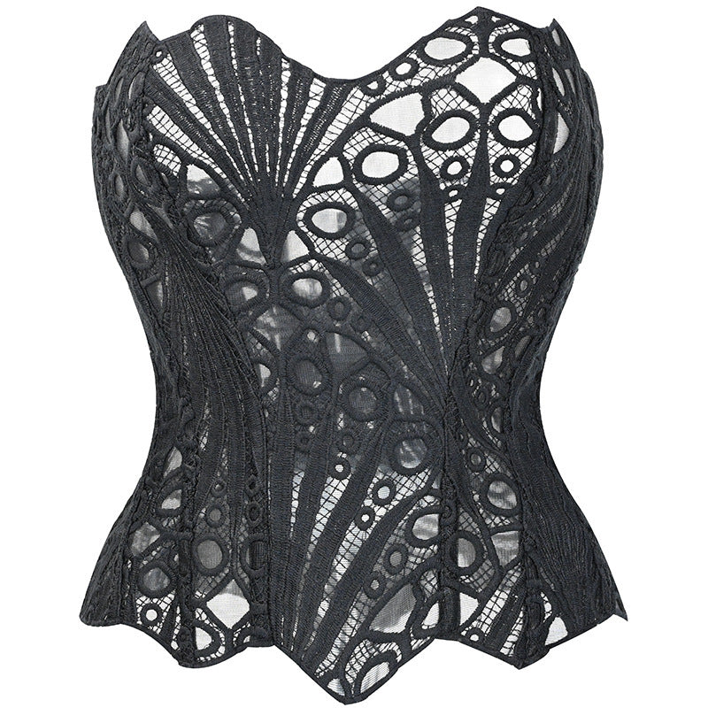 Irregular Lace Fishbone Corset With Mesh Panels And Print For A Sculpting Fit