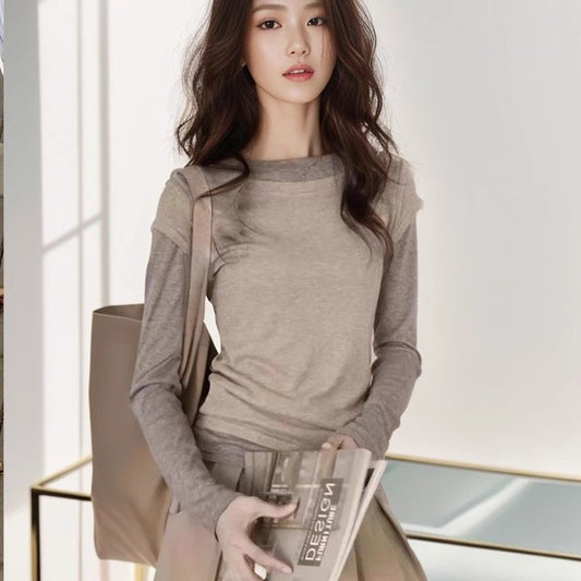 Women's Long Sleeve Faux Two Piece T Shirt Top