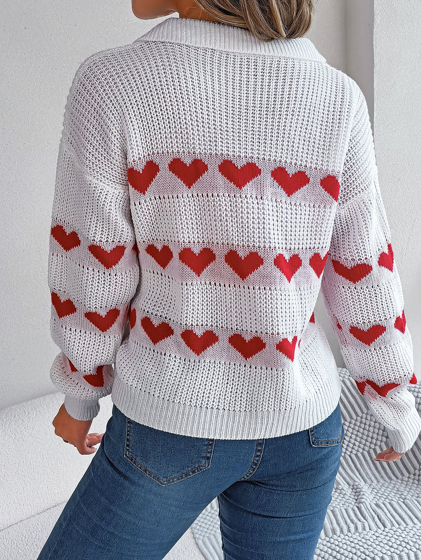 Women Casual V-Neck Lantern Sleeve Color Block Heart Pullover Sweater