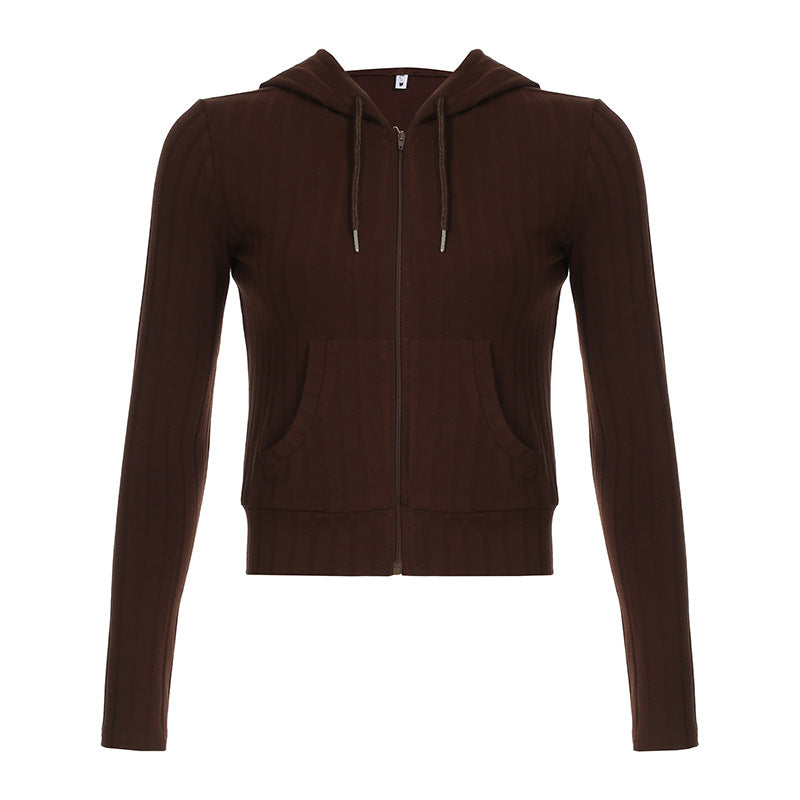 Slim Fit Sunken Stripe Knitted Hooded Zipper Pocket Coat Women
