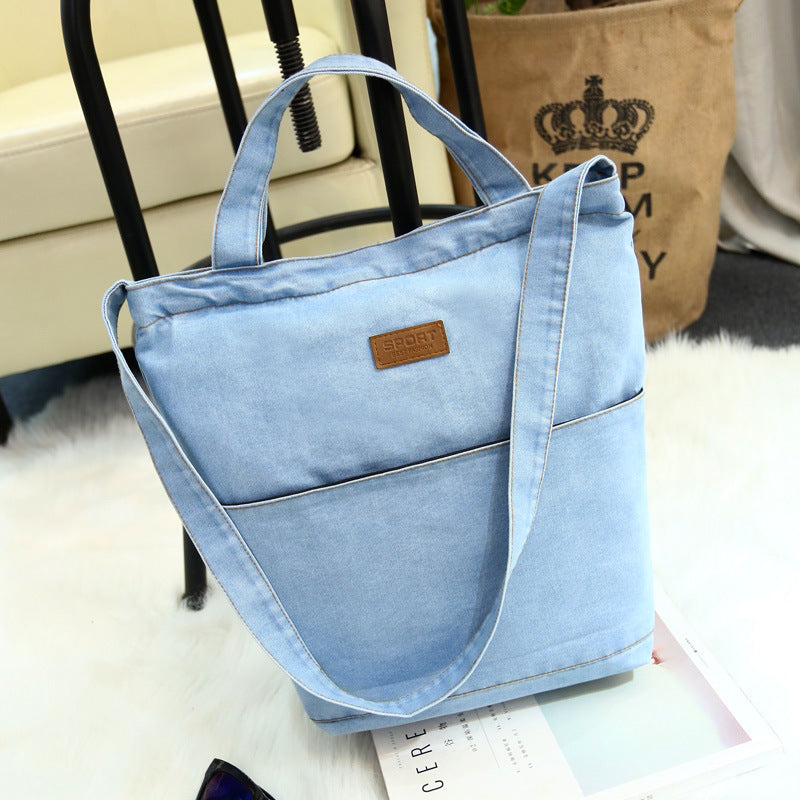 Retro skuldertaske i kanvas og denim til shopping