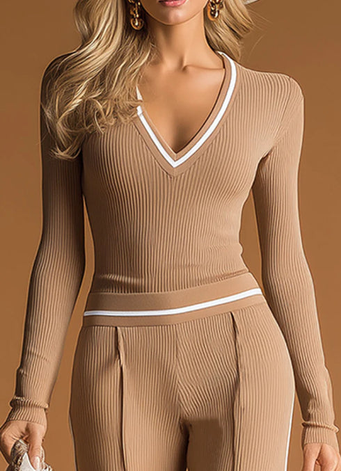 Stylish And Casual White-trimmed Brown V-neck Knit Top And Pants Set