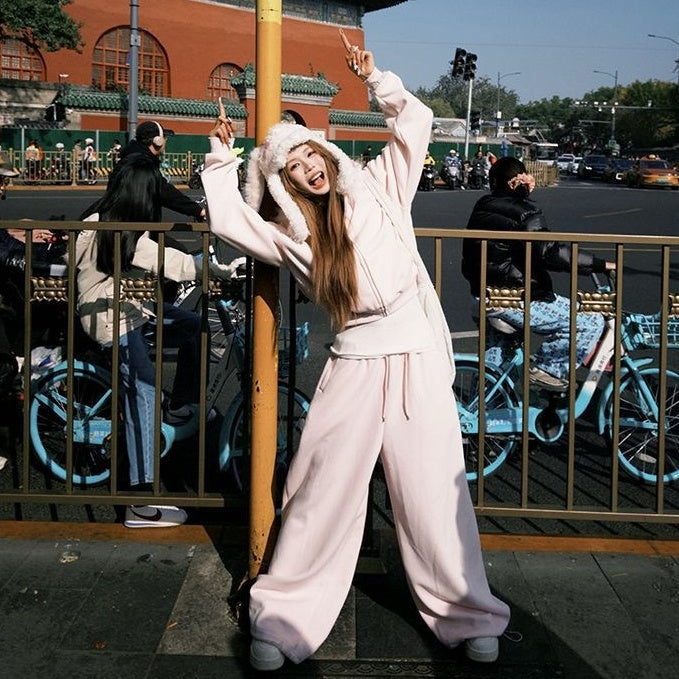 Womens Thickened Detachable Fur-Trimmed Jacket And Sweatpants Set