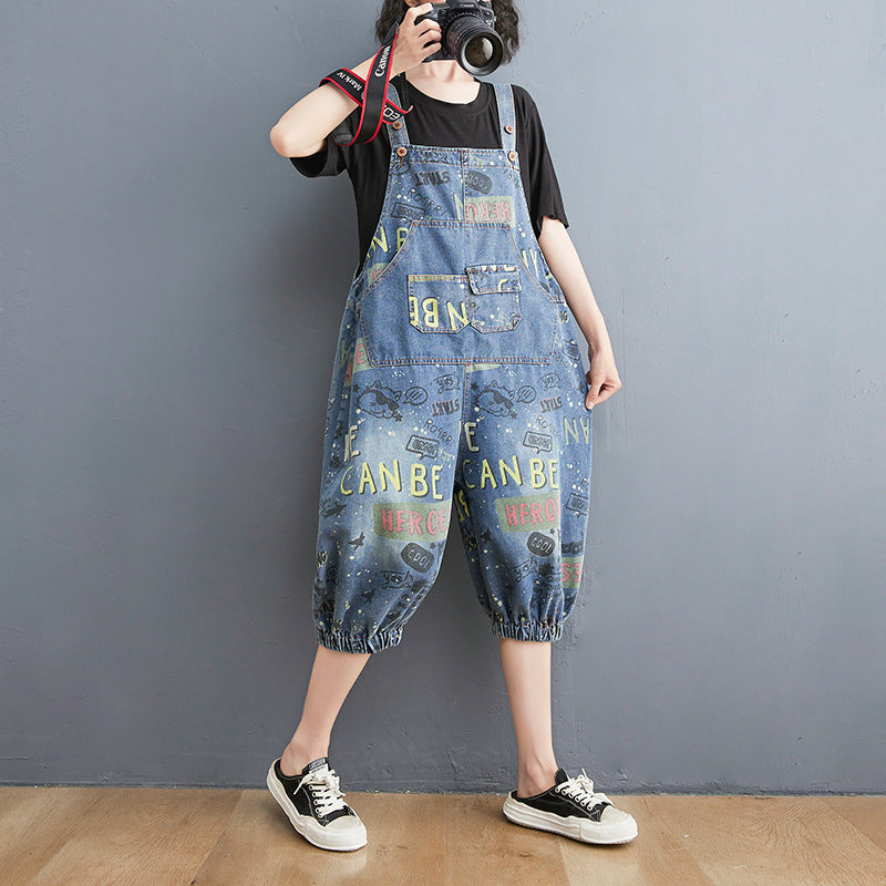 Fashion Printed Denim Strap Pants