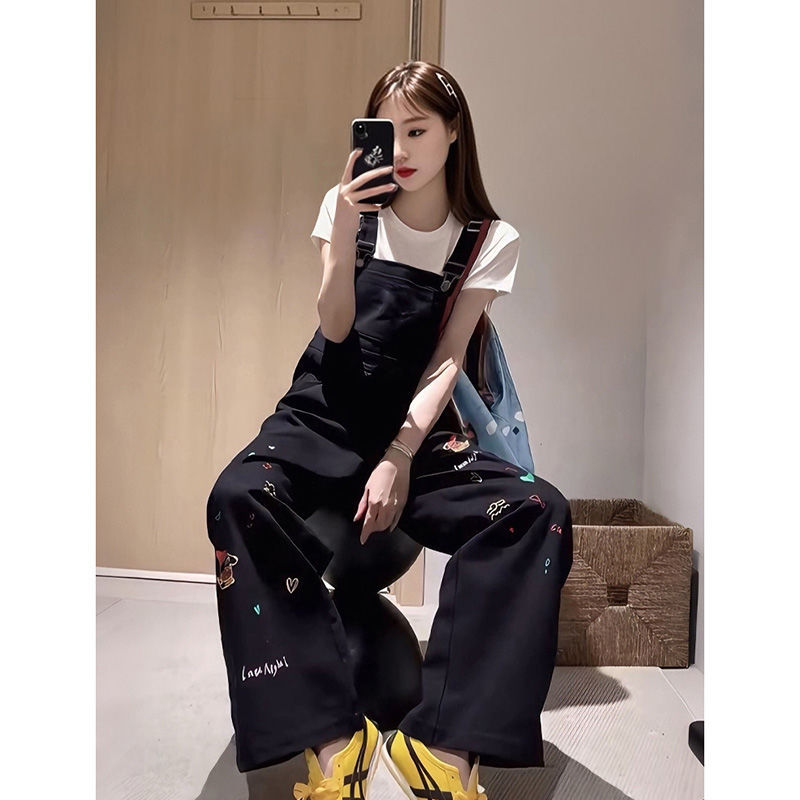 Women's High-Waisted Loose Cartoon-Embroidered Suspender Pants