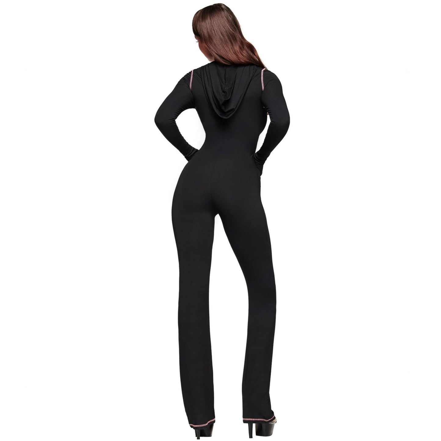 Bodycon Solid-Color Zipper Letter-Print Hooded Sexy Jumpsuit