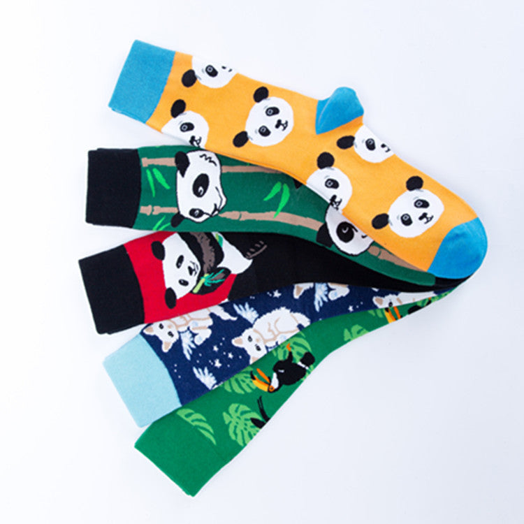 Happy tide socks, pandas, flowers and birds, colorful, high tube, casual cotton socks