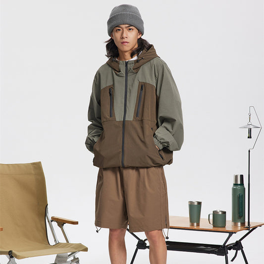 Men's Fashion Retro Color Matching Outdoor Sports Hooded Shell Jacket