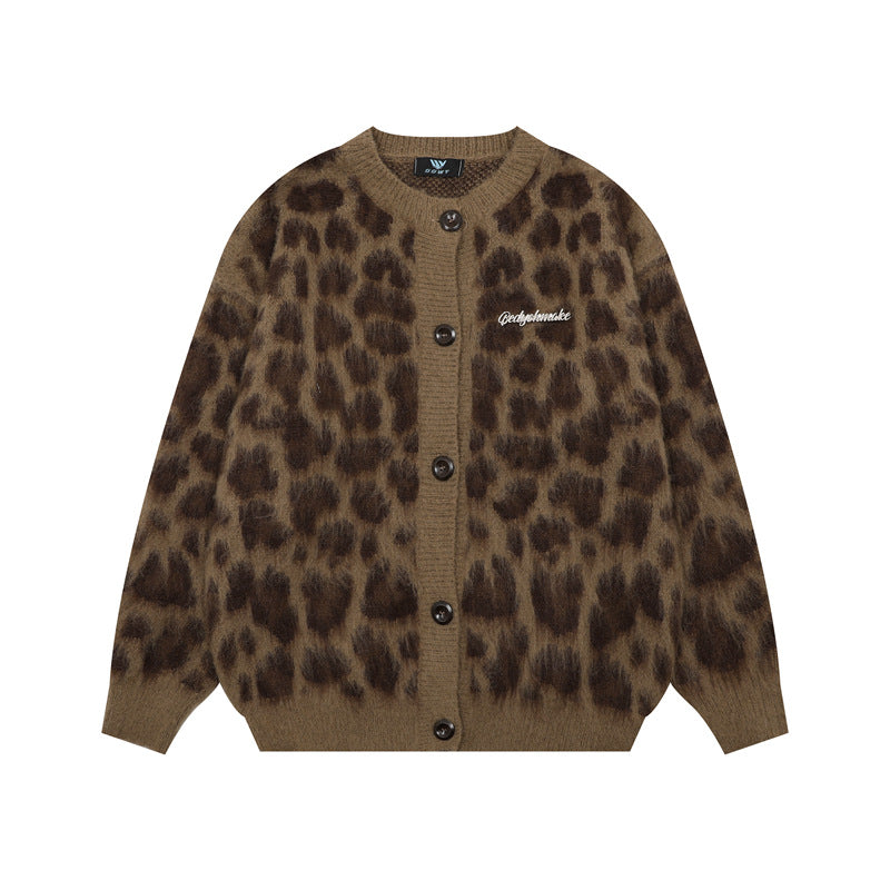 Retro Personalized Leopard Print Knitted Sweater Cardigan