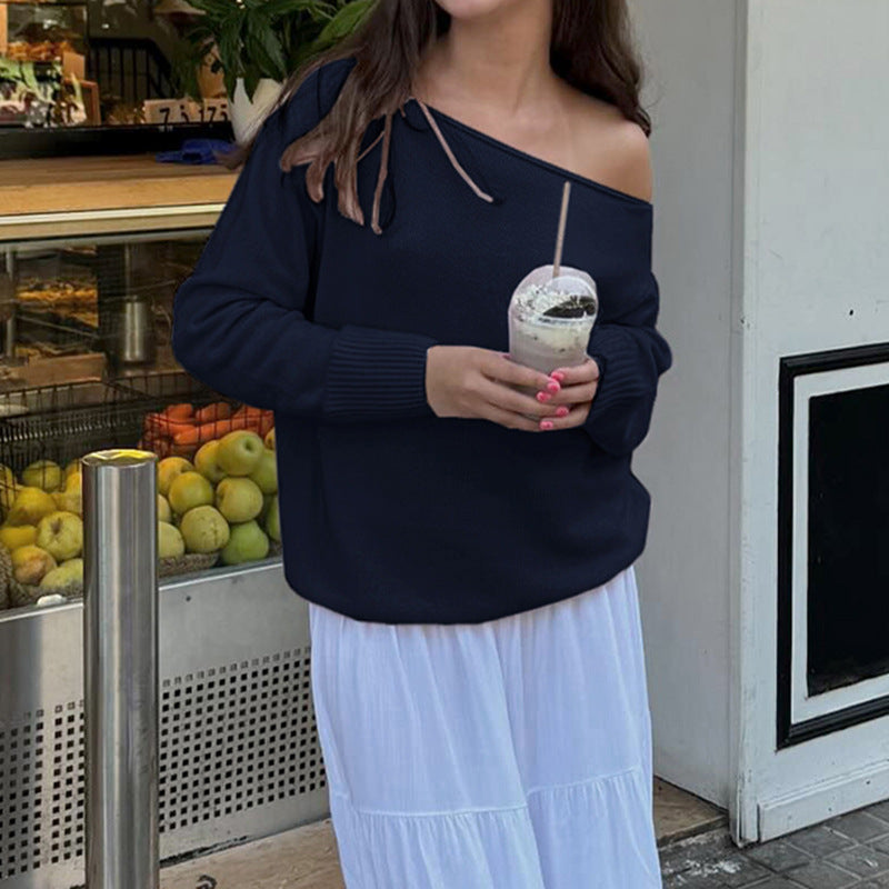Simple European And American Style Solid Color Diagonal Shoulder Sweater
