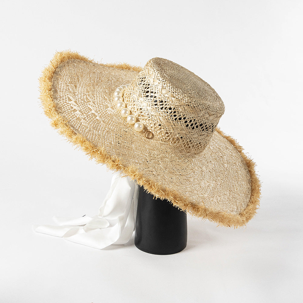 Pearl Strap Frosted Edge Large Eaves Hand Braided Straw Beach Sun Visor Hat