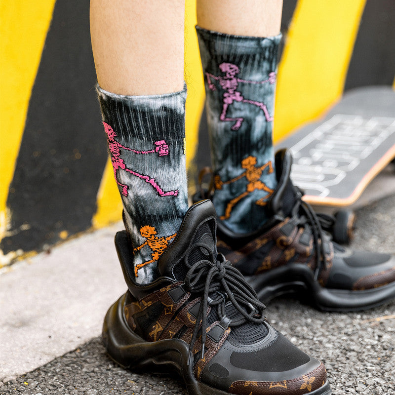 Trendy Tie-Dye Stockings Skull Skateboard Socks