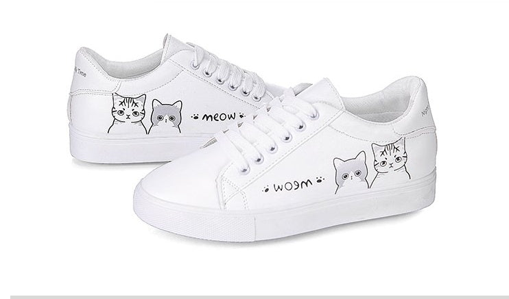 Printed casual shoes women's pu shoes cute cat new fashion lace women's white sports shoes women's casual shoes